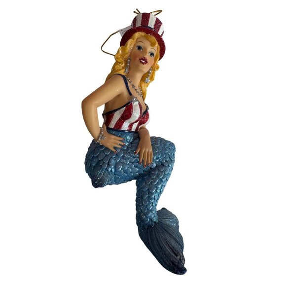 December Diamonds Stars USA Patriotic Mermaid Ornament 7" America - Picture 6 of 6